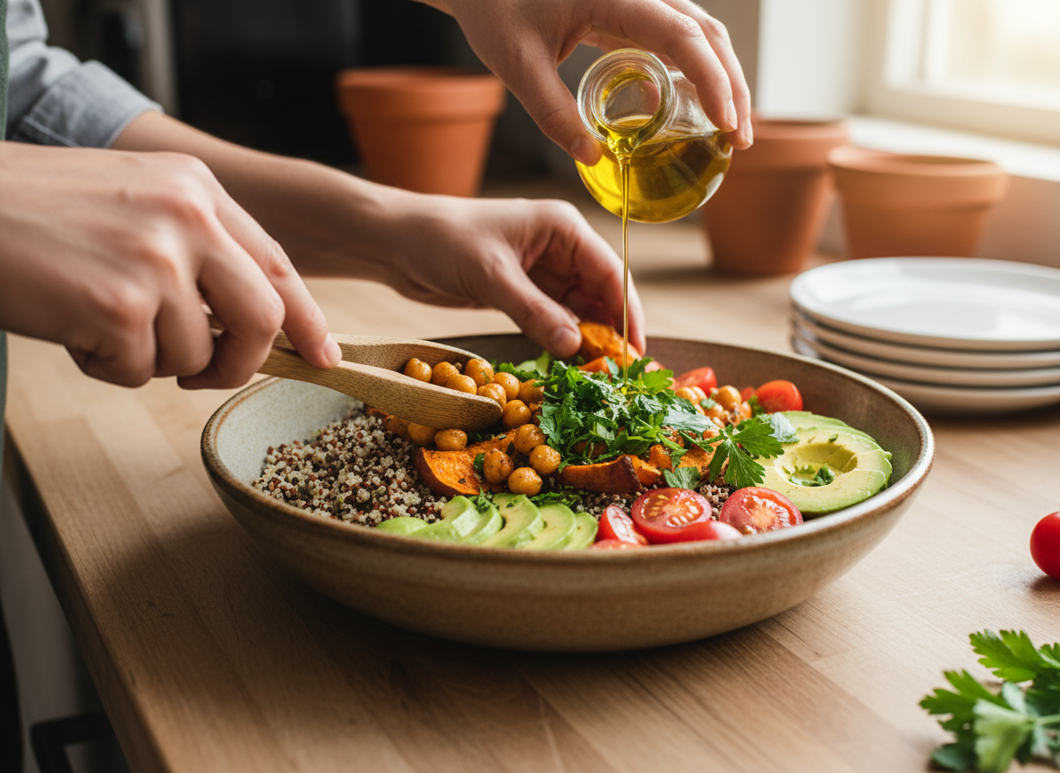 Hands assembling a colorful anti-inflammatory grain bowl with quinoa, chickpeas, avocado, and roasted vegetables