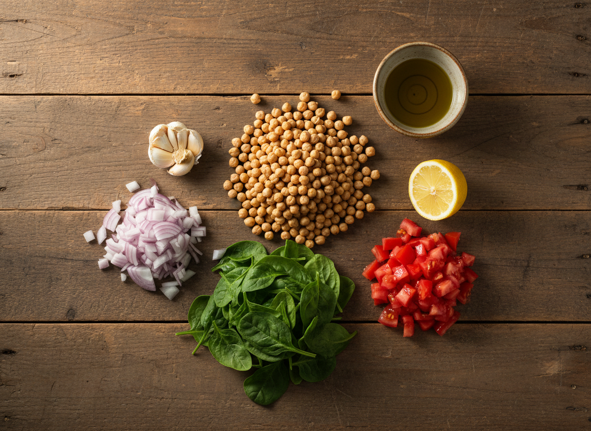 Flat lay of fresh ingredients for Mediterranean chickpea spinach stew, including chickpeas, spinach, tomatoes, garlic, onion, lemon, and olive oil