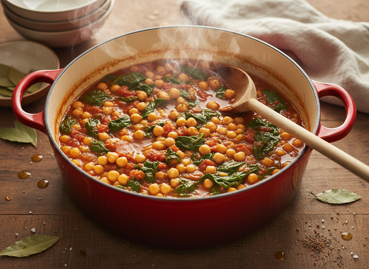 Overhead view of Mediterranean chickpea and spinach stew simmering in a Dutch oven pot