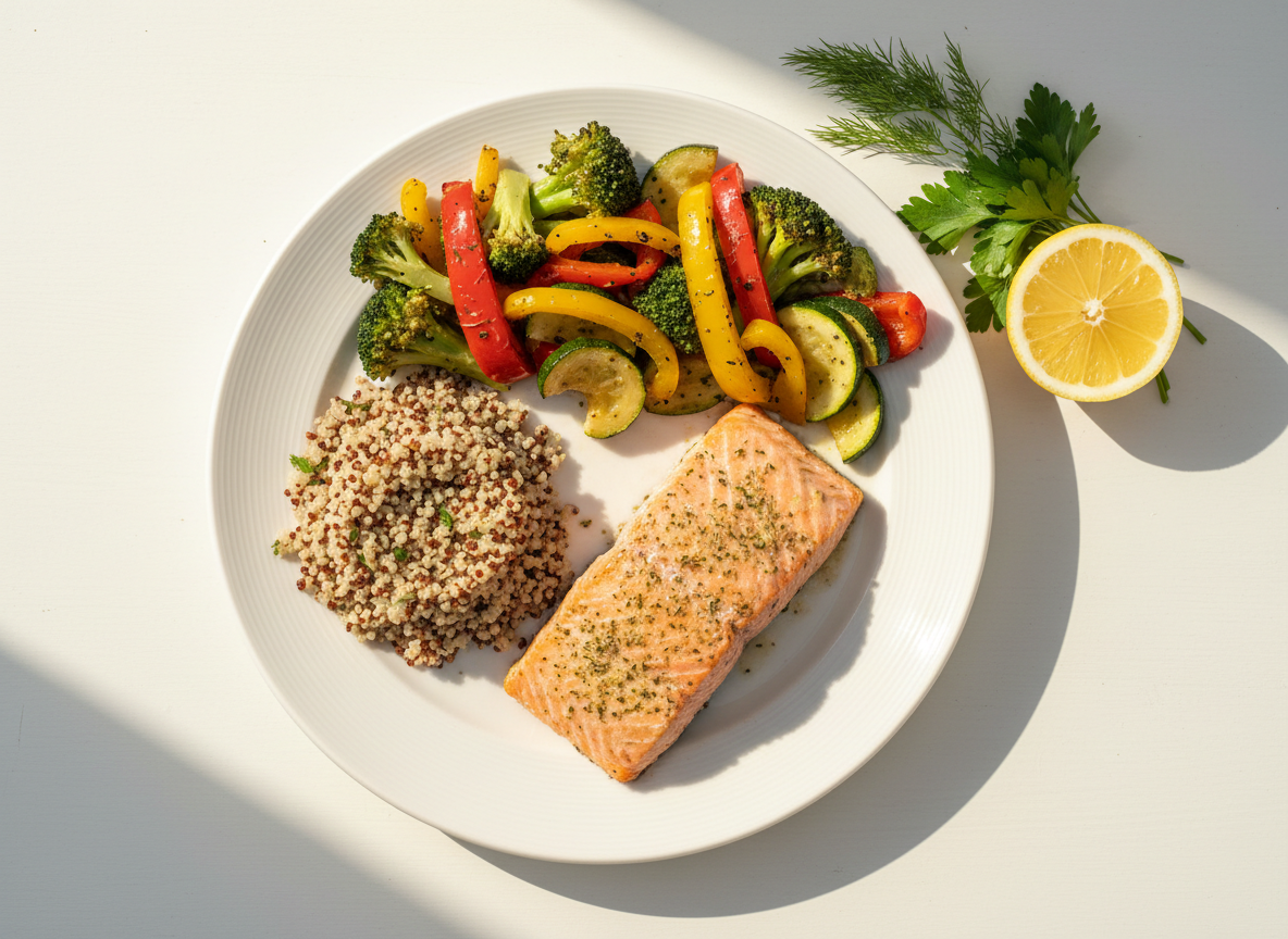 Overhead view of a diabetes-friendly plate with baked salmon, roasted vegetables, and a small portion of quinoa