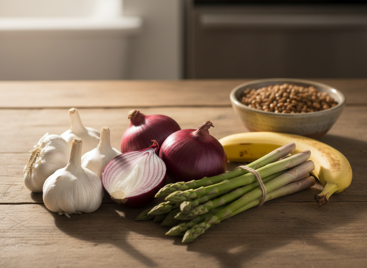 Close-up of fresh prebiotic foods including garlic, onions, asparagus, banana, and lentils on a wooden kitchen counter