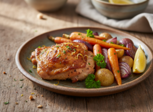 Plated serving of lemon herb roasted chicken with roasted vegetables, garnished with parsley and lemon