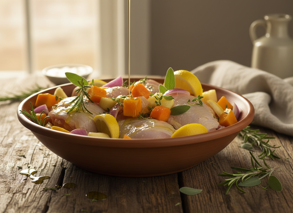 Chicken thighs and chopped vegetables being tossed with olive oil, lemon and herbs before roasting