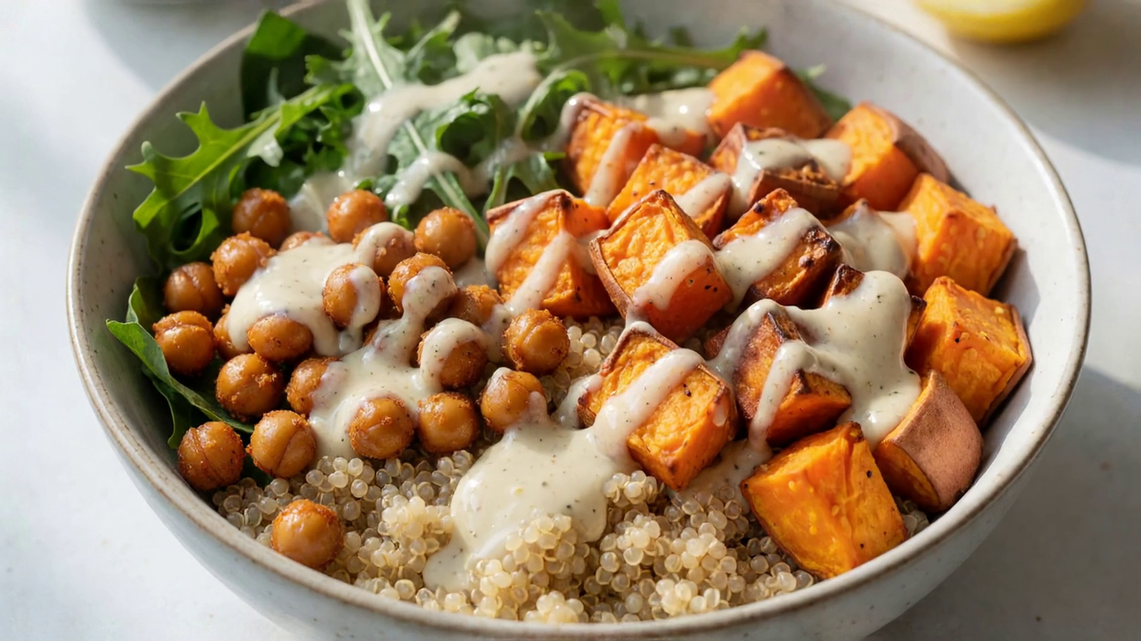 Quinoa Power Bowl with Roasted Sweet Potato and Tahini Dressing