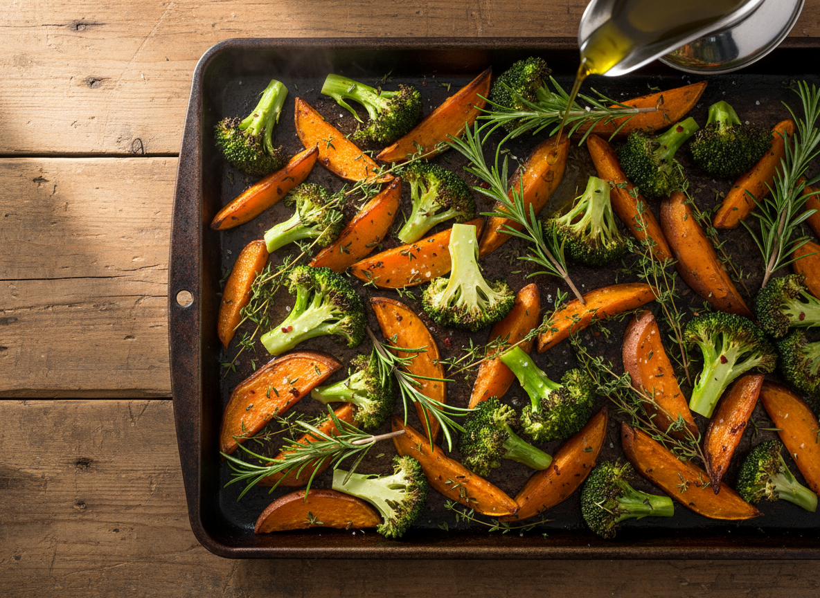 Overhead view of a sheet pan dinner with roasted vegetables, herbs, and olive oil, styled in warm natural light
